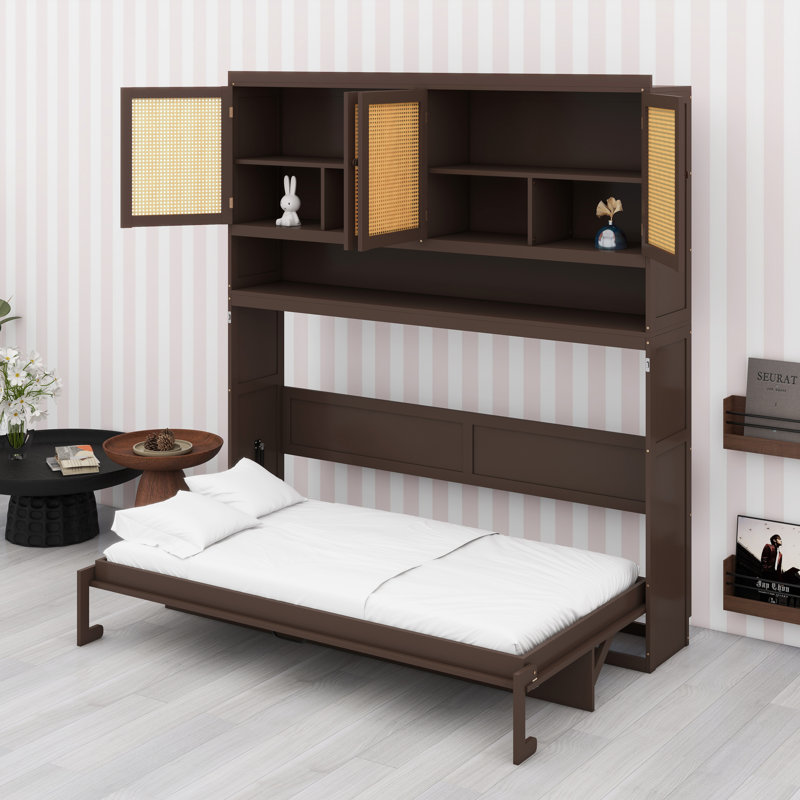 Lit compact pliable avec casier supérieur, éclairage intégré et accès USB, Espresso