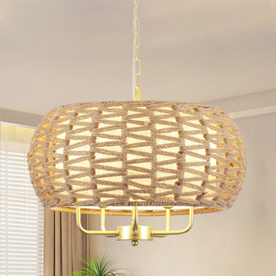 5 - Light Dimmable Drum Bohemian Hemp Rope Burlap Chandelier Hand-woven Natural Rattan Pendant