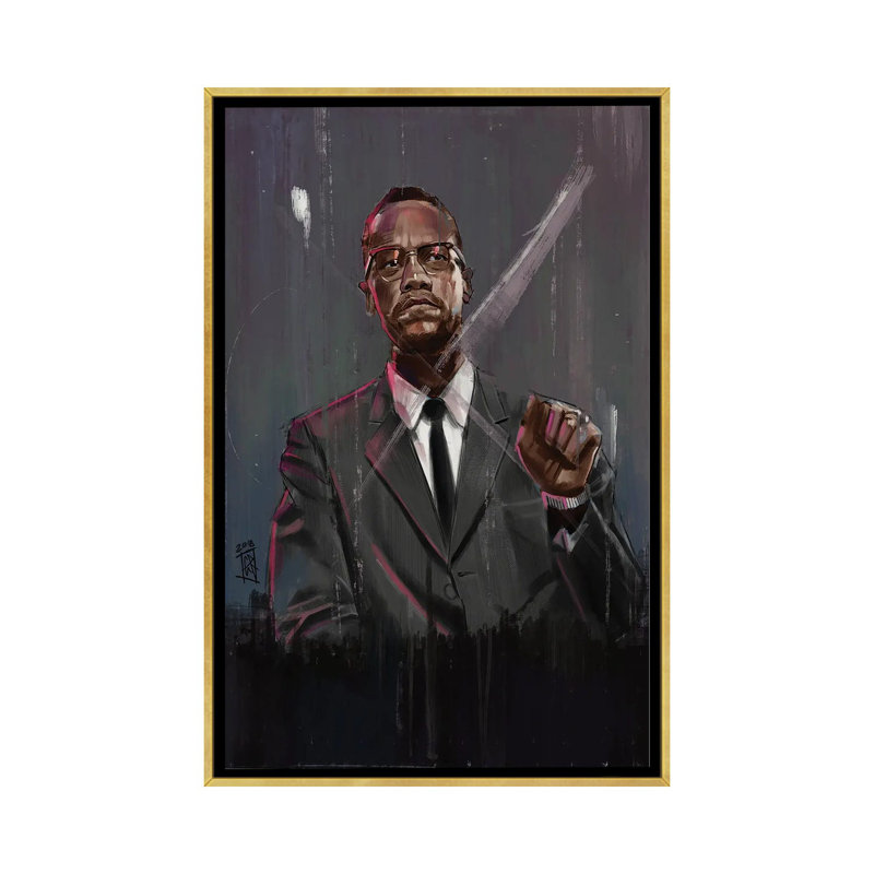 « Malcolm X » par Gordon Rowe-impression, Toile encadrée d'or, Pas de tapis, H 26 po x l 18 po x 1,5 po