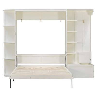Murphy Bed with Storage & Lights,Hidden Fold-Out Legs,Built-in Shelves & Cabinets,Space-Saving Wall Bed with Hook for Small Spaces