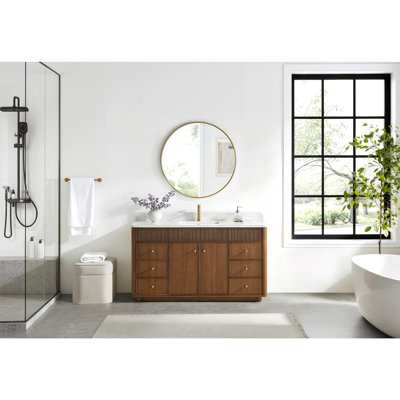 Ensemble de meuble-lavabo simple 60 po en noyer naturel avec plateau en pierre composite Taren