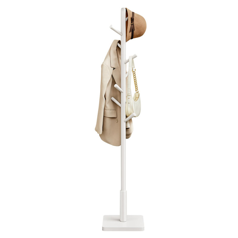 Solid Rubberwood Freestanding Hall Coat Tree with 8 Hooks & 3 Height Options, Heavy-Duty Garment Rack for Coats Hats Bags Purses, Ideal for Entryway Hallway