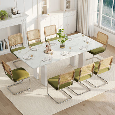 Ensemble de table de salle à manger rectangulaire moderne de 78 pouces à double piétement pour 6 à 8 personnes avec chaises de salle à manger rembourrées