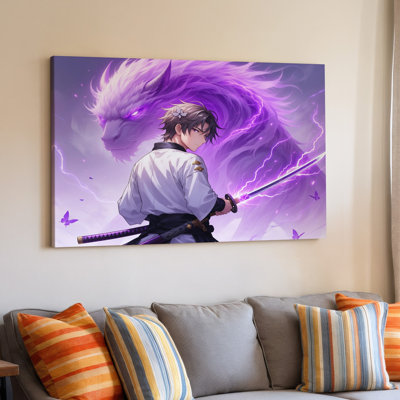 Dessin de Samurai mauve Dragon Sword Fantasy, impression sur toile numérique pour le salon, la chambre à coucher, le bureau, le couloir, le vestibule, le mur de la galerie et la décoration intérieure moderne