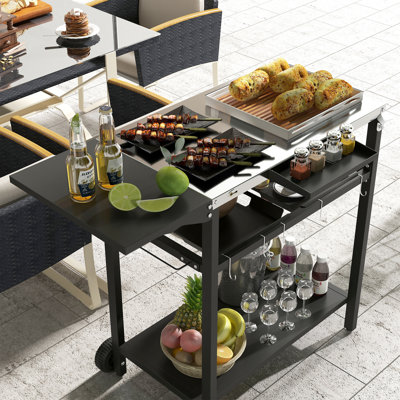 Patio Bar Cart, Stainless Steel Tabletop & 2 Layers, Paper Towel Garbage Holder, Black Outdoor Cart With Table, Layers Storage, Seasoning Shelf, Wheel by Ebern Designs