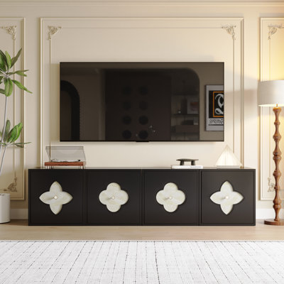 Meuble télé classique pour téléviseur de 85 po ou moins avec 4 armoires de rangement en bois pour la chambre à coucher du salon