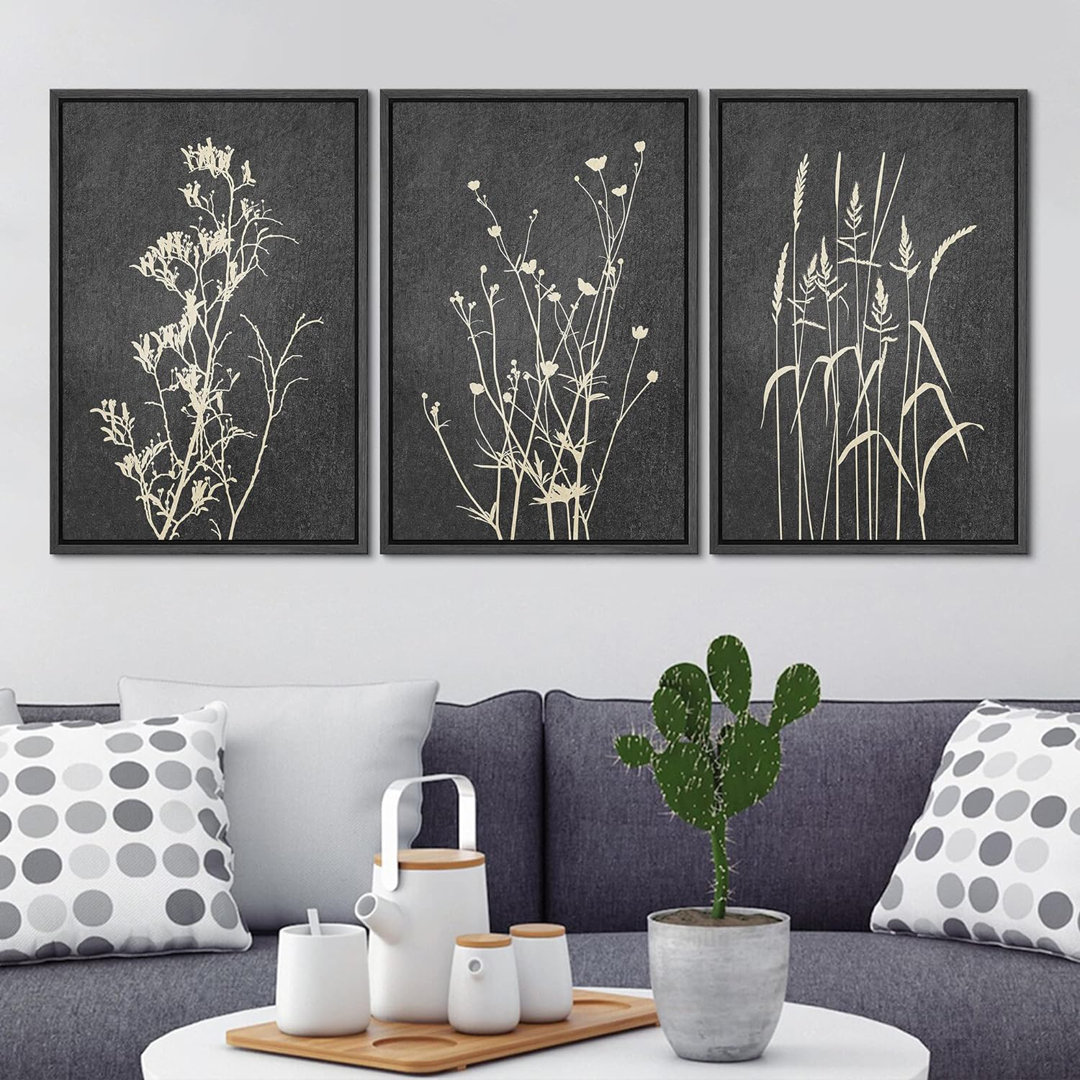 Black Gray Floral & Botanical Neutral Decor Minimalist Framed On Canvas 3 Pieces Print Wall Art IDEA4WALL 