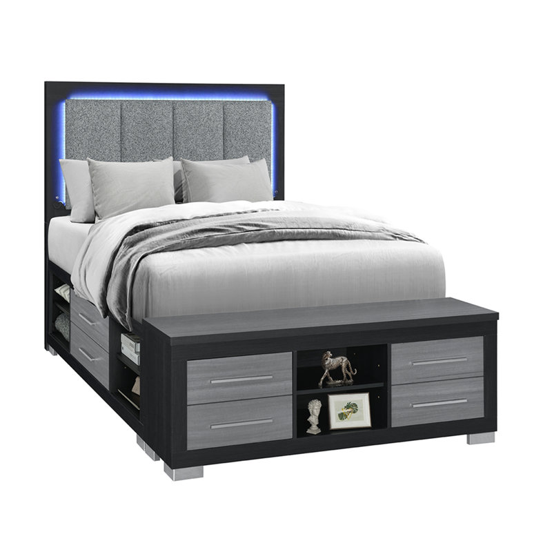 Grand lit Elsa avec rangement à DEL noir et gris