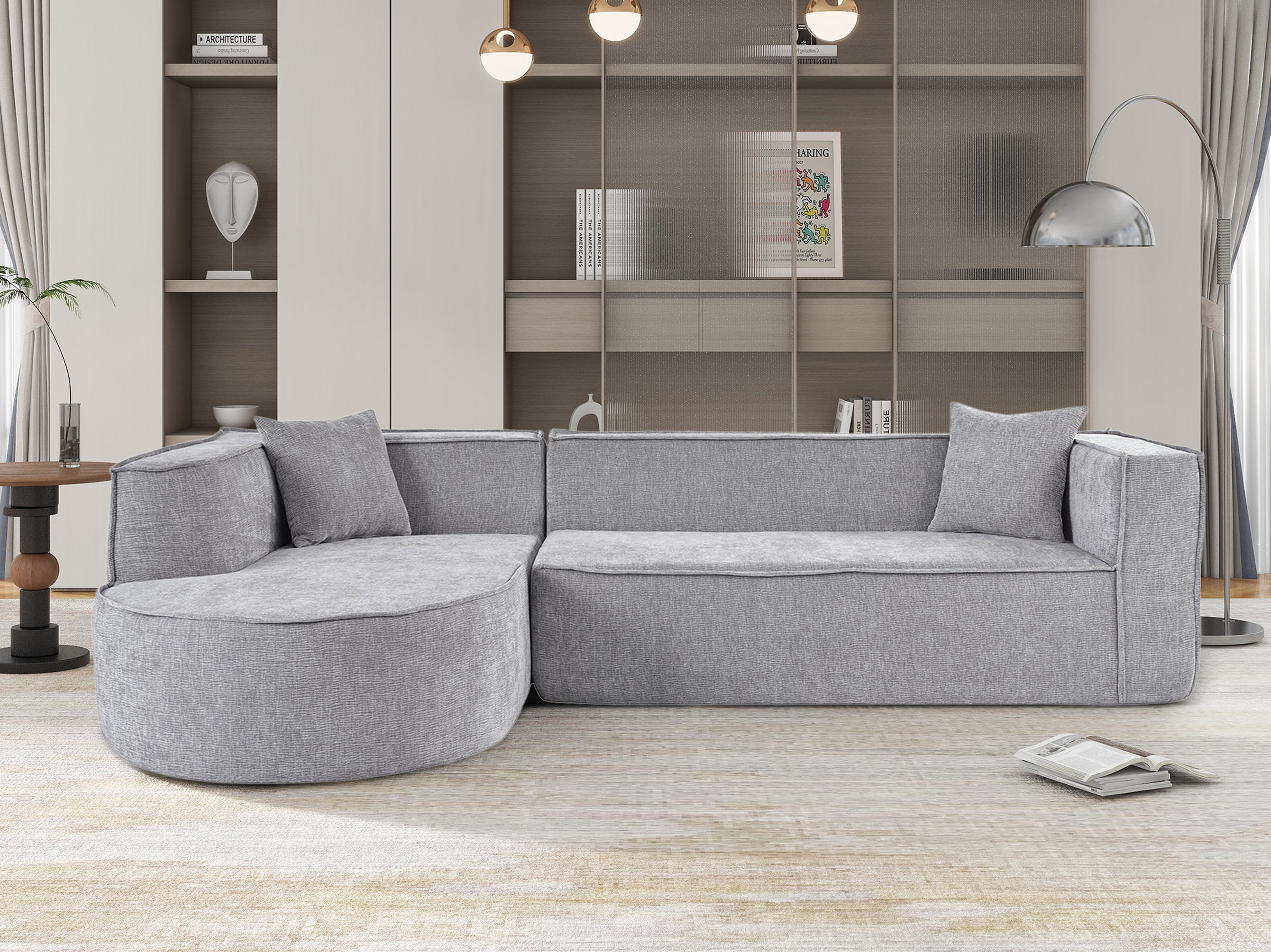 Canapé D'Angle Inclinable Manuellement En Tissu 5 Places Avec Rangement Porte-Gobelets Accoudoir