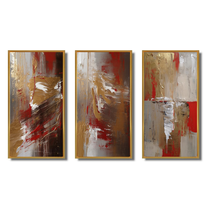 Cardinal Sin Retro Delight Abstract Red & Gold - Abstract Art Set Of 3 Pieces, Encadrement doré, H 20 po x l 36 po