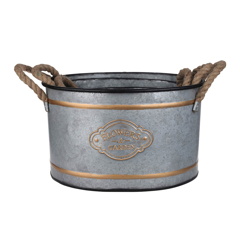 Decorative Pot Of 3 In Metal With Rope Handles And Gold Finishing Touch, Grey Multi, Easy Nesting For Space Organization, 4.2 Lbs - Piece Trim Feature, Cottage Aesthetic Design, Progressive Sizing