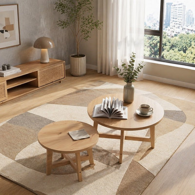 Ensemble de 2 tables basses gigognes rondes, tables d'appoint modernes en bois avec cadre en forme de X, tables de bout de salon empilables