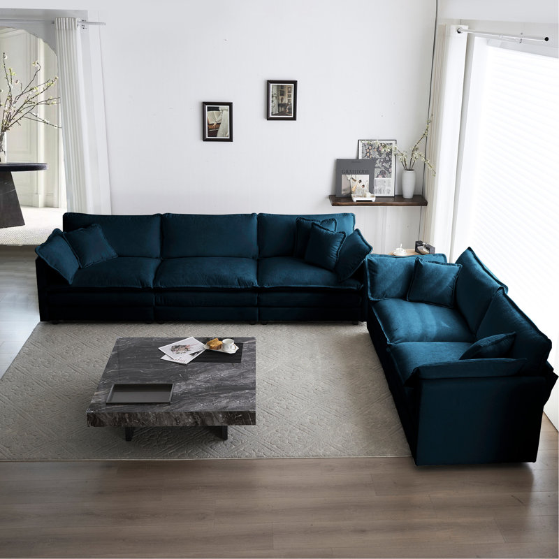 Canapé bleu 2 places + 3 places, salon profond, éponge et structure en bois moderne, chenille, confort