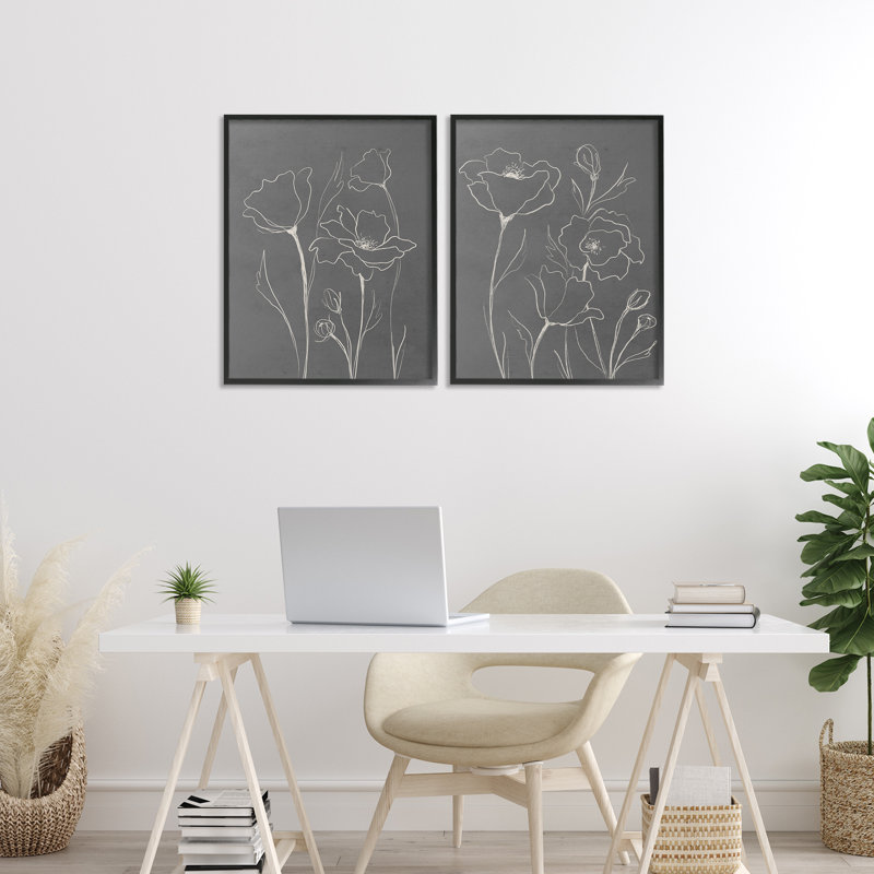 Ensemble de 2 giclées encadrées simples, coquelicots gris, design par Elizabeth Medley, Giclée encadrée noir minuit