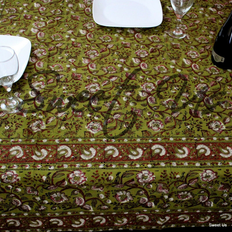 Rectangle Floral Cotton Tablecloth, Green