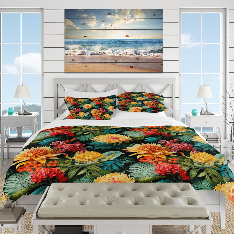 Jungle Splendor Tropical Pattern Duvet Cover, King Duvet Cover + 2 King Shams