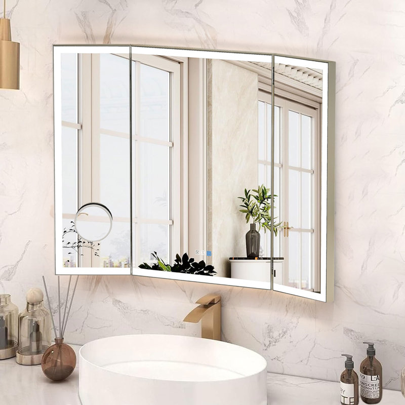 Tri-Fold Wall Mirror with Backlit, Front-lighted, Removable 10x Magnifying Mirror, Dimmer, Defogger, 36" x 48"