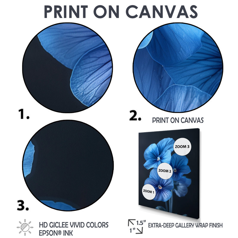 Décoration murale bleue en verre bleu Pansies II - Pensées, Toile tendue, H 24 po x l 32 po
