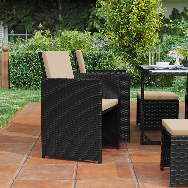 Ernesta 8 - Person Wicker Patio Dining Set with Square Table , Cushions Included, Black