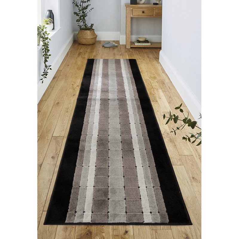 Tapis de couloir carrés noirs à taille moyenne et à motif en lin antidérapant, Tapis de couloir 2 pi 6 po x 5 pi