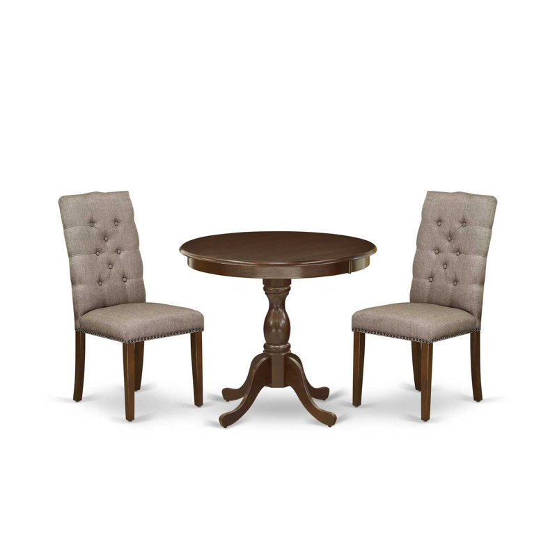 3 Piece Dining Table Set Includes 1 Dinner Table and 2 Dark Khaki Linen Fabric Upholstered Dining Chairs Button Tufted Back with Nail Heads - Mahogany Finish