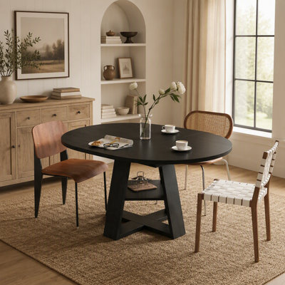 Extendable Round Dining Table for 4-8, Modern Kitchen Oval with Removable Leaves, Space-Saving Wood Base and Storage Shelf