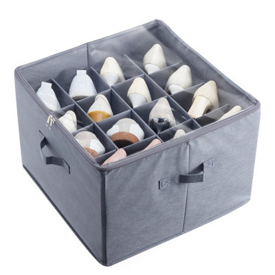 Under Bed Shoe Storage Organizer, 1 Pack, 16 Compartments, Underbed Shoe Box Storage Containers Adjustable Dividers, Sandal Organizer Storage with Cle