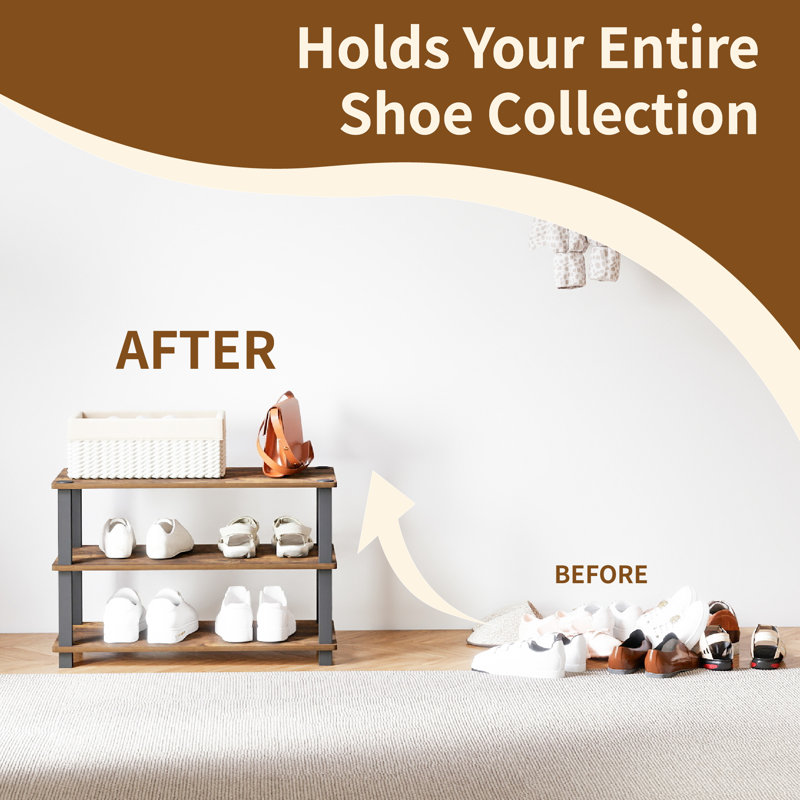 3-Tier 23.6"W Wood & PVC Tubes Shoe Rack, Shoe Shelf Holds up to 9 Pairs for Enterway, Dark Brown