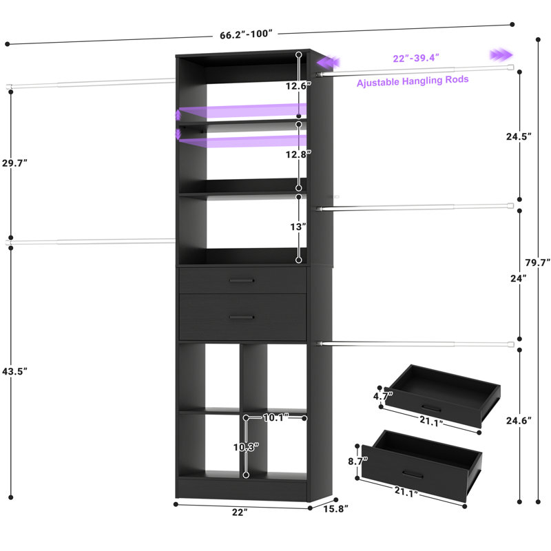 66"-100"Closet System With 2 Wooden Drawers And 5 Hang Rods, Black