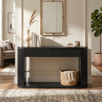 Console ovale 53 po avec 2 tiroirs et tablette inférieure, table d'entrée en bois noir avec glissières en métal lisse pour le salon, le vestibule