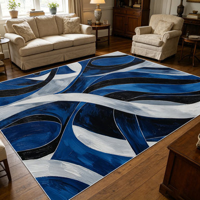 Tapis à motif géométrique abstrait bleu marine et noir à motif géométrique 1pc pour le salon, doux et confortable, convient à toutes les saisons, facile à entretenir, lavable à la machine, sous la table de ferme convenant au vestibule, à la chambre à coucher et à la salle à manger