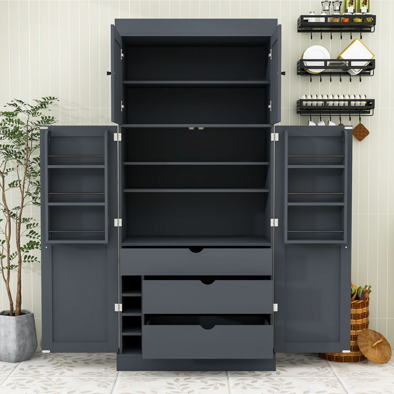 Kitchen Pantry Cabinet - Drawers, Wine Racks, and Adjustable Shelves, Grey