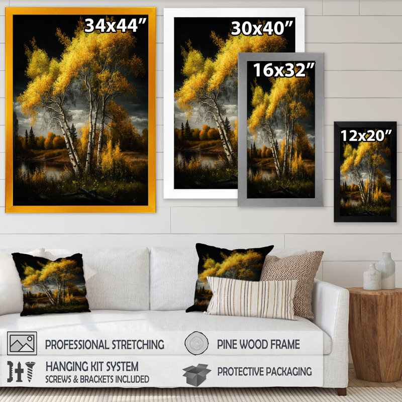 «Yellow Birches By The Riverside II», reproduction sur toile, H 20 po x l 12 po x P 1 po, Toile avec cadre photo noir