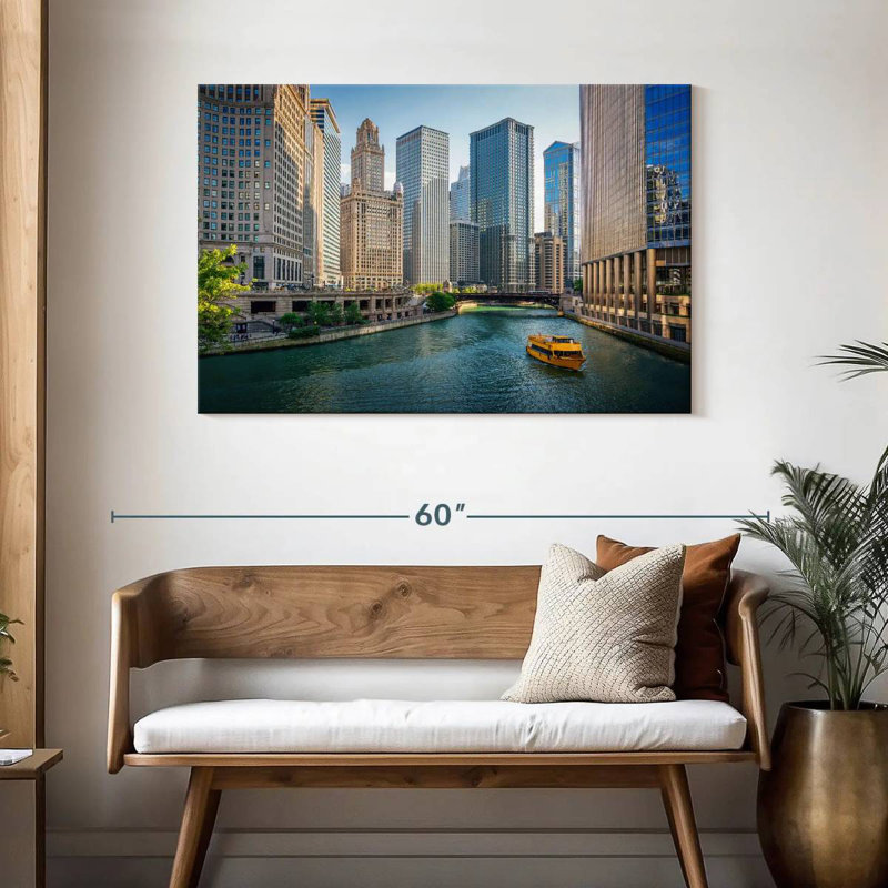 Bateau sur la rivière Sireci, Chicago, H 30 po x l 45 po