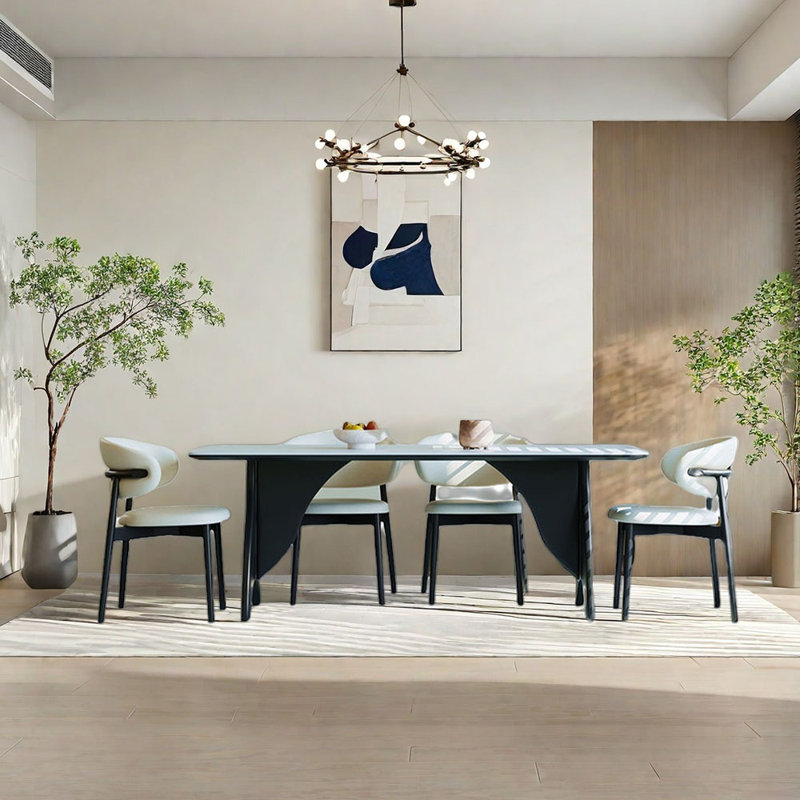 Sintered stone ash wood simple dining table set, 29.53"H x 70.87"L x 35.43"W, Black