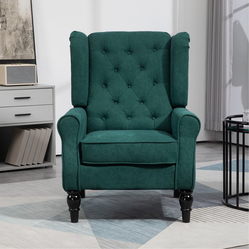 Fauteuil d'appoint capitonné à boutons avec haut dossier à oreilles, accoudoirs rembourrés arrondis et siège rembourré épais, vert foncé