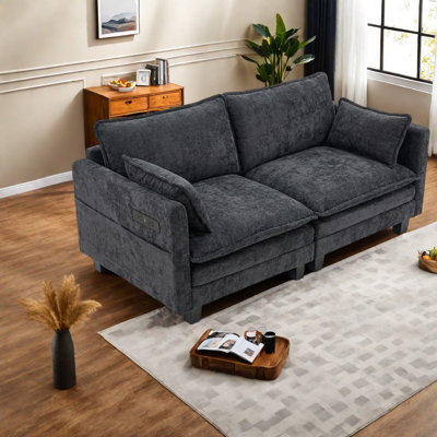 Canapé 2 places moderne en chenille noire avec ports USB, canapé compact pour la maison