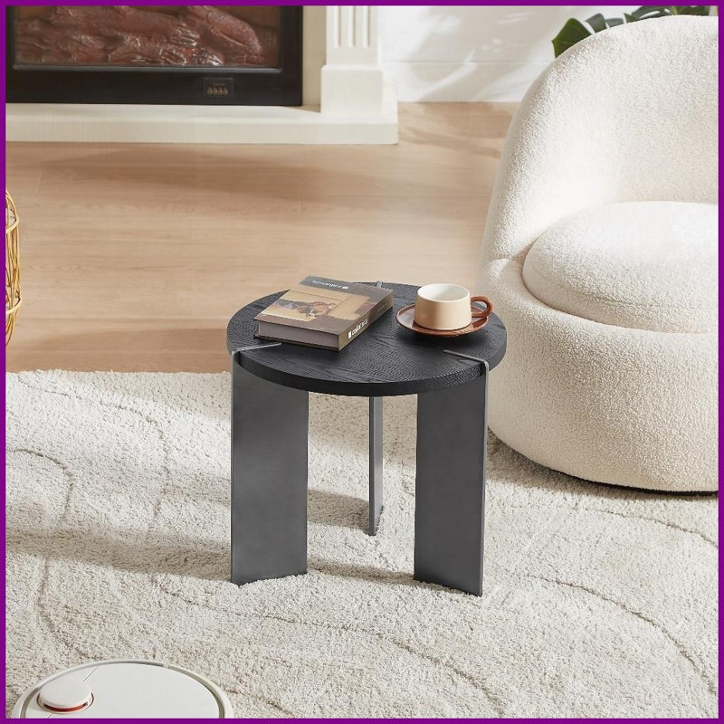 Table basse ronde en bois de chêne noir et pieds en métal noir, Noir