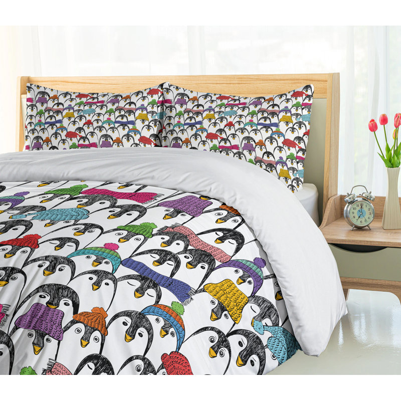 Penguin Pattern Multicolor Cotton Queen Duvet Cover Set
