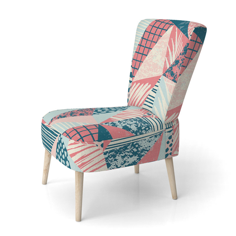 Peach And Blue Patchwork - Upholstered Patterned Accent Side Chair