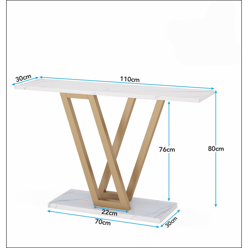 43” Modern Gold Console Table with Faux Marble Top, Narrow Entryway Table with V-Leg Metal Frame, Slim Sofa Table for Hallway, Living Room or Foyer