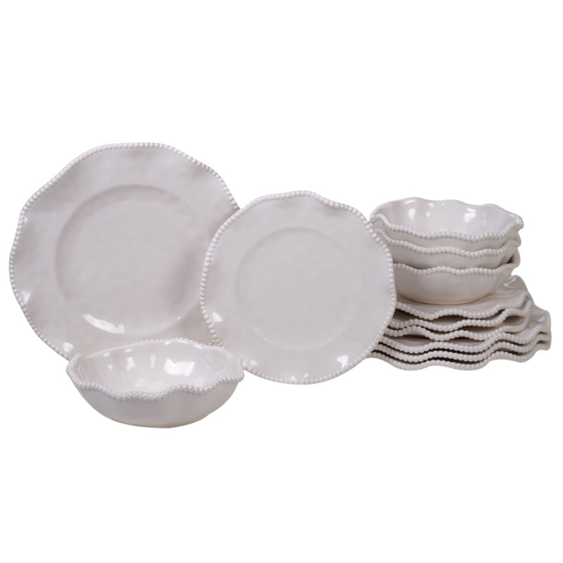 White Melamine 12-Piece Dinnerware Set with Beaded Ruffled Rims