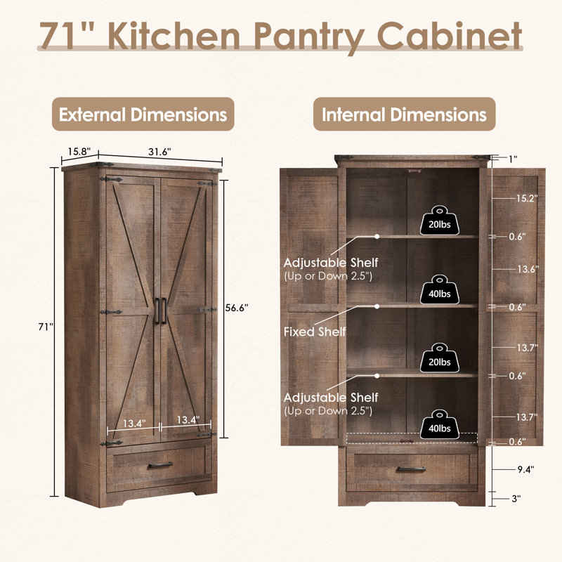 Armoire de cuisine de 183 cm (72 po) avec double porte de grange, rangement de cuisine de style campagnard avec étagères et tiroir réglables