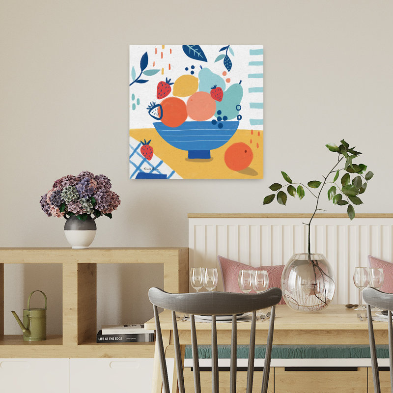 Contemporary Fruit Still Life I With Abstract Blue Art, 18" H x 18" W