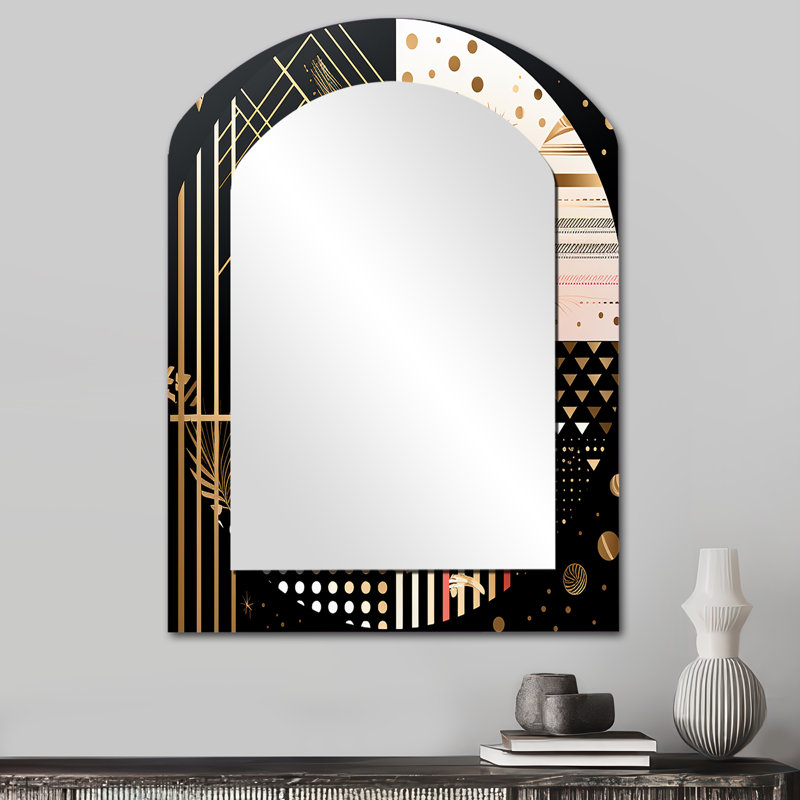 Golden Geometric Glam Full Moon II - Geometric Asymmetrical Large Mirror, Modern Arch Decorative Wall Mirror, Printed Metal Art