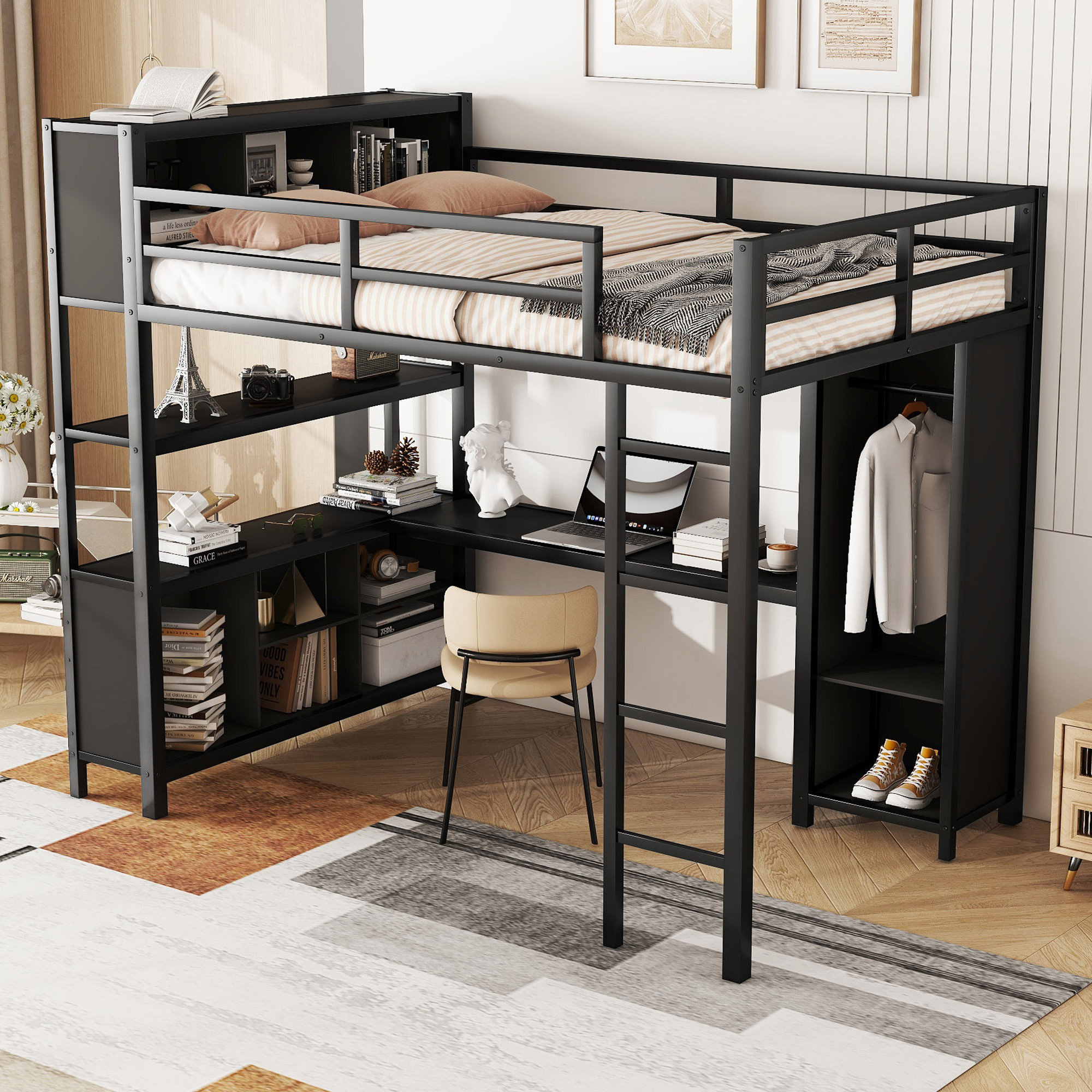 Isabelle & Max™ Metal Loft Bed With Wardrobe And L-Shaped Desk ...