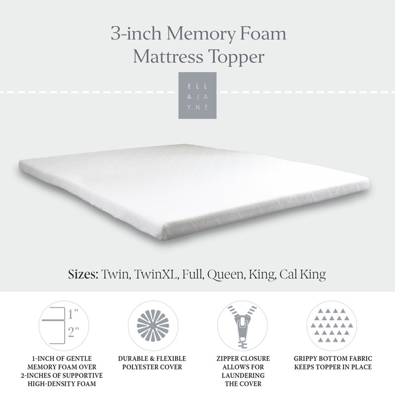 3" Dual-Layer Memory Foam Mattress Topper with High-Density Foam and Washable Cover , Queen