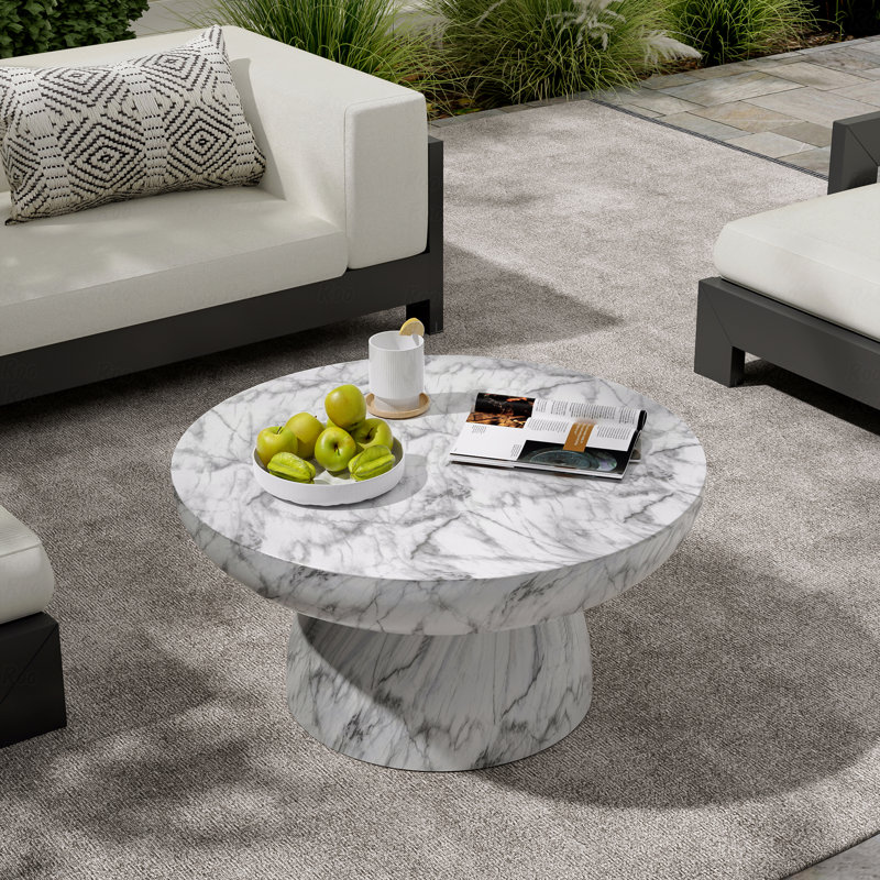 Table basse ronde en oxyde de magnésium pour patio Rey, 27.5''Wx27.5''Dx13.50''H, Blanc / marbre gris