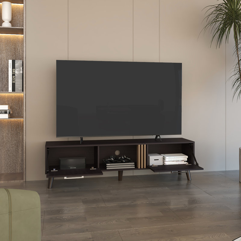 Meuble télé moderne de 63 po avec deux armoires rétractables et un style attrayant - support en chêne noir, pour accessoires