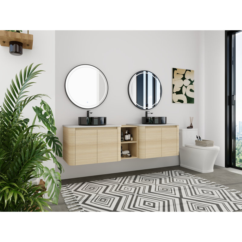Meuble-lavabo mural 72 po à double cuve - 5 options de couleur de cuve (motifs blanc / noir / marbre) + armoire en bois clair et tablette centrale ouverte (type D)